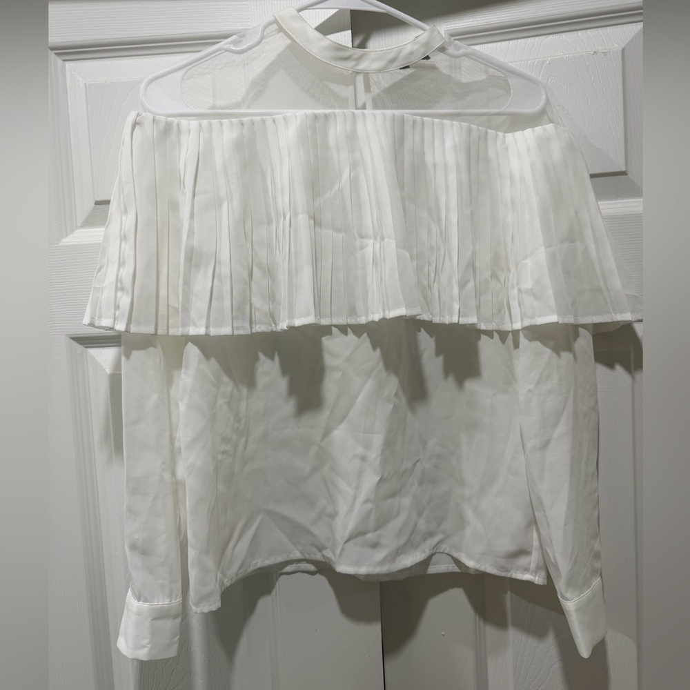 Maje Lemia Pleated Blouse Sheer Mesh Long Sleeve